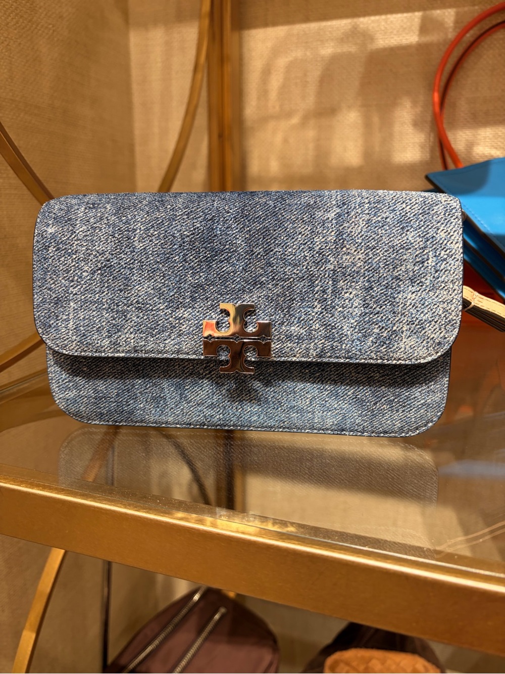 Tory Burch Denim Logo Chain Crossbody - Blue color with metal chain new with tag